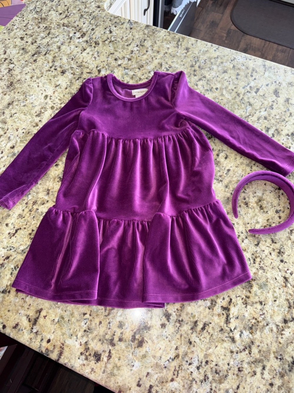 Girls Velvet Tiered Dress in Purple